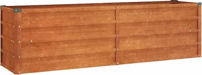 A long, wooden planter box with metal corner reinforcements.