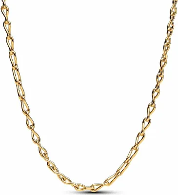 A close-up studio shot of a gold chain necklace against a white background.