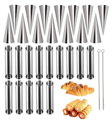 Obrázek produktu pro Sada 28 kusů: forma na pečení, válečky z másla, nerezové trubičky, trubičky "cannoli", rohlíčky, koláče, pečivo, spirály, rožky
