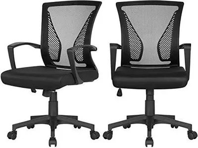 Two black office chairs are shown from different angles against a white background.