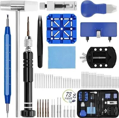 Immagine prodotto di Set professionale di 73 pezzi di attrezzi da orologiaio per la riparazione di orologi e la sostituzione delle batterie, comprensivo di valigetta, cacciaviti, martello, pinzette, leva, bisturi, supporto, pinze e apriorologi