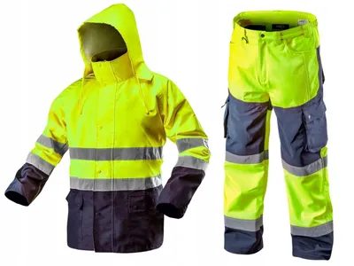 A yellow and navy waterproof workwear jacket and pants set with reflective stripes.