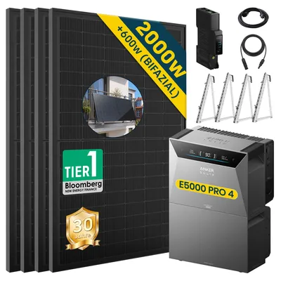 Produktbild von ALLDREI  Balkonkraftwerke  mit Speicher Anker Solix Solarbank 4 E5000 Pro & BP5000x1,Komplettset mit 4x500W Bifazialer Solarpanel & Smart Meter Gen 2