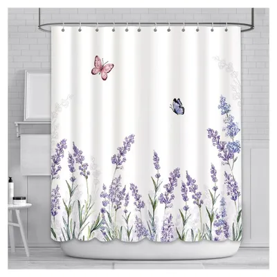 Produktbild von Lavendel-Duschvorhang 180 x 180 cm, lila Blumen-Schmetterlings-Badevorhang für Badezimmer, langlebiges, wasserdichtes Polyestermaterial mit 12 Haken