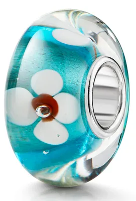 Produktbild von MATERIA by Matthias Wagner Glas Bead hellblau mit weißen Blumen Anhänger für Beads Armband / Ketten 1023