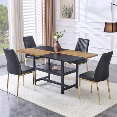 Produktbild von MODFU Esszimmerstuhl Set,Küchenstuhl mit 4 Stühle schwarzen Metallbeinen und Esstisch,160 cm lange Tisch,Küchentisch mit Ablagefach