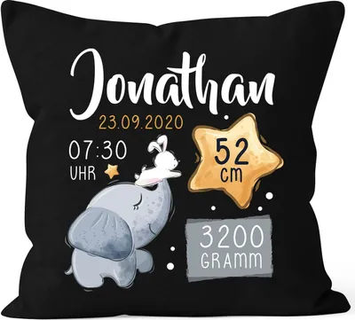 Produktbild von personalisierbarer Kissen-Bezug zur Geburt Elefant Hase Stern Geburtskissen Geschenk Geburt Baby SpecialMe® schwarz 40cm x 40cm