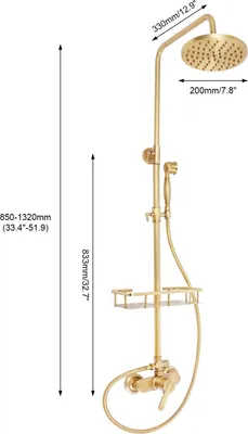 Produktbild von Vintage Duschset mit Ablage - Regendusche - Unterputz-Mischbatterie - Kopfbrause + Handbrause - Höhenverstellbar 85–132 cm - G1/2 - Messing, Kupferventil - Gold