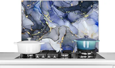 Produktbild von KitchenYeah®  Spritzschutz Küche - Küchenrückwand - Wandschutz für Herd und Spüle - Marmor - Gold - Abstrakt - Blau 90x60 - Alu-Dibond (Alternative zum Spritzschutz aus Glas) - Hitzebeständig - Herdsp