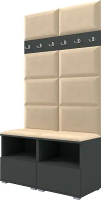 Produktbild von Garderoben-Set Nela III, Polstergarderobe mit zwei Schuhschränke, Flurmöbel Wandpaneele und Kleiderbügel (Farbe: Graphit + Trinity 04 (Beige))