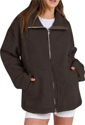 Produktbild von ASKSA Damen Jacke Teddyjacke Doppelschieber Reissverschluss Winter Fleecejacke Winterjacke Warme Teddyfleece Outdoor Casual Jacken mit Taschen (Dunkelbraun,S)