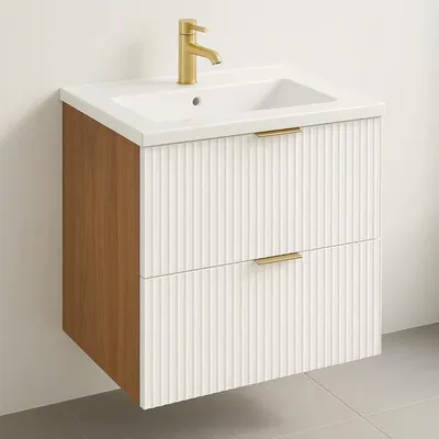 Zdjęcie produktu dla WENA Szafka łazienkowa z umywalką 60 cm, ryflowane fronty, metalowe uchwyty w kolorze złotym (Kolor: Biały/Orzech)