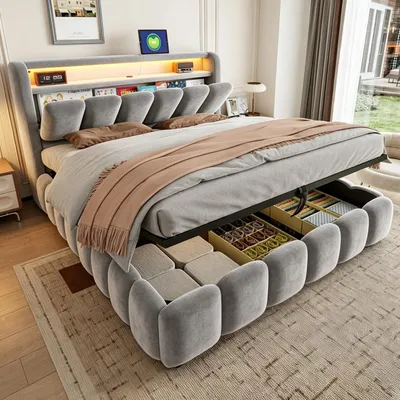 Immagine prodotto di Letto imbottito 180x200 cm con cassone contenitore a sollevamento idraulico, illuminazione a LED e presa di corrente, spazio contenitivo nascosto nella testiera, rete a doghe, rivestimento in velluto, colore grigio