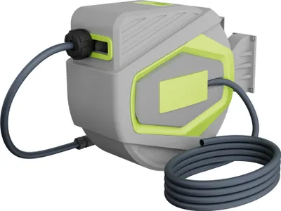Image de YRHome Enrouleur de tuyau 30 m avec douchette, gris-jaune, enrouleur automatique, montage mural pivotant à 180°, kit complet pour le jardin et l'arrosage