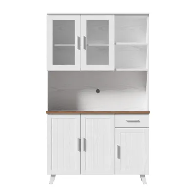 Produktbild von Merax Hochschrank mit 5 Türen, 1 Schublade und Glastüren für Dekorationsartikel, Sideboard mit weißer Holzmaserung, Rustikaler Schrank für Wohnzimmer