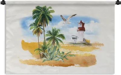 Produktbild von MuchoWow® Wandteppich Wandbehang Leuchtturm - Palme - Strand 60x40 cm Tapisserie Dekoration Wandtuch - Wanddekorationen