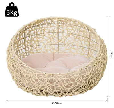 Obrázok produktu pre Klietka pre mačky PawHut z ratanu s vankúšom, vhodné aj ako búda pre psa, farba: béžová, rozmer: Ø56 x 35 cm