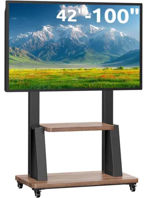 Zdjęcie produktu dla Mobilny uchwyt TV do telewizorów o przekątnej 32-100 cali, z regulacją wysokości, do 80 kg, standard VESA 900x600, z półką na drewnianym cokole