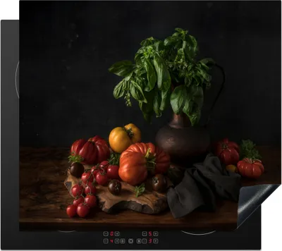 Produktbild von KitchenYeah© Herdabdeckplatte Stilleben - Tomaten - Basilikum - Gemälde - Gemüse - Schwarz , 57x51cm, Küche Deko, Glaskeramikkochfeld Herdabdeckung, Abdeckplatte fùr Kochfeld