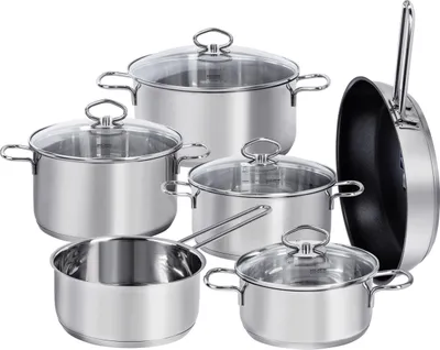 Produktbild von Kopf Topfset Merkur aus Edelstahl - Induktionstöpfe mit Schüttrand, Literskala und Glasdeckel – 6-teilig