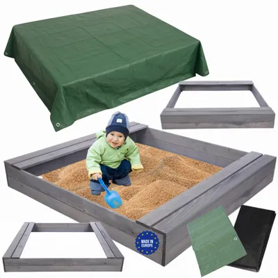 Produktbild von MODO24 Sandkasten Holz, Sitzbänke, Schutzplane, Holzsandkasten, Kinder Gartenspielzeug, Garten, 140x137 cm, Grau Imprägniert, PIA