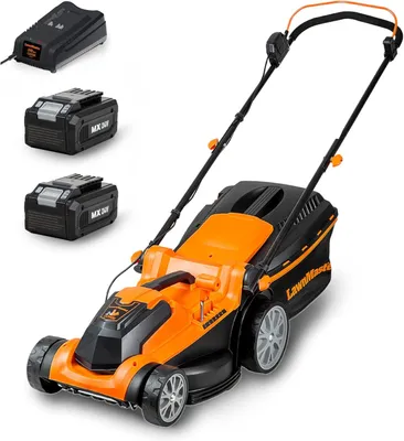 Immagine prodotto di Tosaerba a batteria LawnMaster 24 V Max con 2 batterie da 4,0 Ah, larghezza di taglio 37 cm, capacità di mulching 300 m², cesto da 40 L, regolazione dell'altezza di taglio a 6 livelli da 22 a 72 mm – LawnMaster CLMF2437G