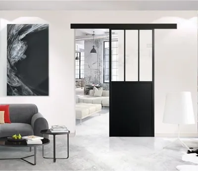 Produktbild von OPTIMUM - Schiebetür + Schiene + Kit Werkstattleiste - H 204 x B 73 x T 4 cm - Schwarzes transparentes Glas