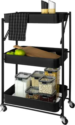 Obrázek produktu pro Skládací vozík na kuchyňské potřeby - úložný vozík na kolečkách - organizace kuchyně - skládací design - 30 x 45 x 77 cm - černý