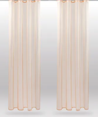 Two beige sheer curtains hanging vertically against a light gray background.