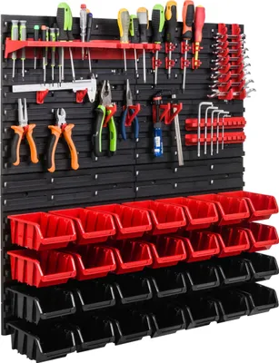 Produktbild von Lagersystem Werkstattregal | 78 x78 cm | 28 stck. Box | Wandregal mit Werkzeughalterungen und Stapelboxen - Wandplatten Extra Starke Schüttenregal Warkzeuglochwand Lagerregal Garage Regal