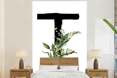 Produktbild von MuchoWow® Fototapete für Wohnzimmer oder Schlafzimmer Wandtapete Vinyl Motivtapete Buchstabe T - Alphabet - Weiß - 155x240 cm - Tapete
