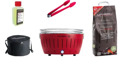 Zdjęcie produktu dla Zestaw startowy LotusGrill XL ognista czerwień - grill stołowy na węgiel drzewny z wentylatorem USB, szczypcami, pastą paliwową, węglem drzewnym 2,5 kg, torbą transportową