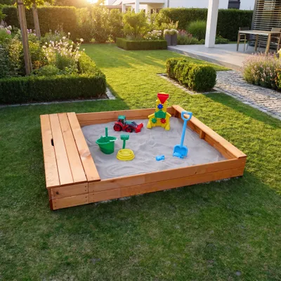 Produktbild von Sandkasten Multi 140x140x21 cm - inkl. Sitzbox Kiefer honigbraun