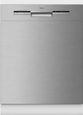 A front view of a silver Amica under-counter built-in dishwasher.