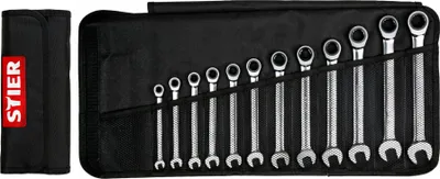 Produktbild von STIER Maul-Ringratschenschlüssel-Satz, 12-teilig, SW 8 -19 mm, 12H-Profil, flache Ausführung, Chrom-Vanadium-Stahl, mattchromierte Ausführung, feinverzahnt mit 72 Zähnen, in Rolltasche
