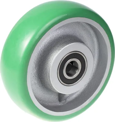 Produktbild von 160-mm-Rad mit grüner, gewölbter, elastischer Polyurethan-Lauffläche auf einem Gusseisenkern