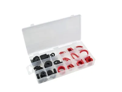 A clear, well-lit studio shot of a transparent plastic organizer box filled with various sizes of black and red rubber O-rings and seals, set against a plain white background.