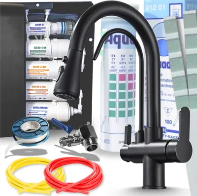 Produktbild von Ari Nordic 3-Wege Küchenarmatur Schwarz Matt Ausziehbar mit 5-Stufen Wasserfiltersystem Untertisch Trinkwasserfilter