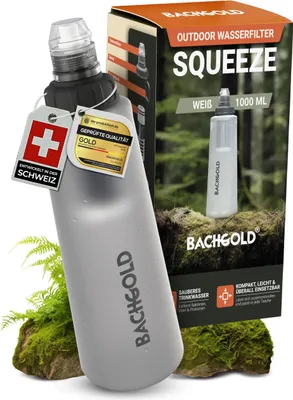 Zdjęcie produktu dla Filtr do wody Bachgold Squeeze Outdoor, biały, 1000 ml – ultralekki filtr do wody pitnej na kemping, survival, sytuacje awaryjne, usuwa bakterie, wirusy i mikroplastiki