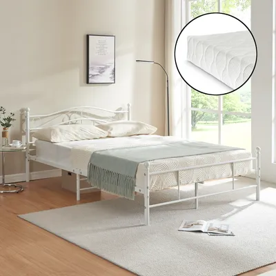 Produktbild von Metallbett mit Matratze 140x200cm Weiß Bett Bettgestell Doppelbett [en.casa]