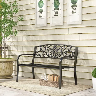 Produktbild von Metallgartenbank Blumendesign 2-Sitzer, Stahlbank Garten, Balkonbank Stahl, Schwarz | 127 x 60 x 87 cm | 240 kg Tragkraft | pulverbeschichtet