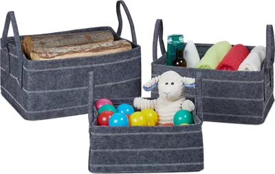 Immagine prodotto di Cestini portaoggetti Relaxdays, set da 3 pezzi, diverse capacità (10, 17 e 25 l), sacchetti in feltro con manico, grigio scuro/bianco