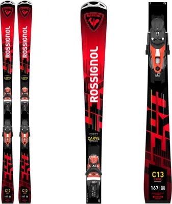A set of alpine skis with bindings, presented from multiple angles against a white background.