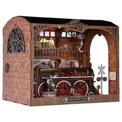Imagen del producto de Estación de reparación de trenes "THAR Book Nook" - Kit de construcción de madera para montar, con iluminación LED