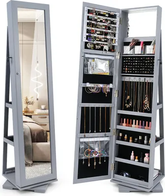 Image de COSTWAY Armoire à bijoux, armoire à glace avec miroir intégral & miroir de maquillage intégré, pivotant à 360°, verrouillable, organiseur à bijoux Gris