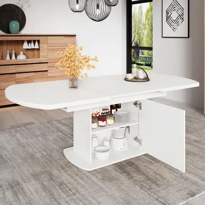 Produktbild von STILVORA Esstisch ausziehbar in ovaler Form mit Stauraum, Küchentisch platzsparend und multifunktional, Freizeittisch Weiß mit silbernem Griff