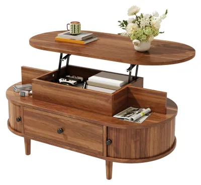 Image de Table basse ovale, plateau relevable, MDF, table relevable hydraulique, espace de rangement dissimulé, 2 étagères ouvertes, tiroir, 2 portes coulissantes