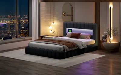 Produktbild von CDGlobal Polsterbett Doppelbett Jugendbett (Hydraulisch anhebbarer Bettstauraum), Mit LED-Beleuchtung,USB & Type-c Anschlüsse,Leinen,140x200 cm
