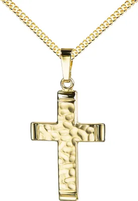 Produktbild von Goldkreuz Kreuz-Anhänger in markanter Hammerschlag-Optik für Damen, Herren und Kinder als Kettenanhänger 585 Gold 14 Karat mit Panzer-Kette vergoldet + Schmuck-Etui