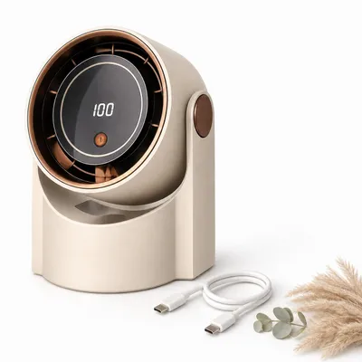 Obrázek produktu pro Stolní a nástěnný ventilátor, barva krémová, 5 rychlostí | 1200 mAh, LED displej, velmi tichý (22 dB), nabíjení přes USB-C, flexibilní, lze umístit na stůl nebo připevnit na zeď pomocí nástěnného držáku